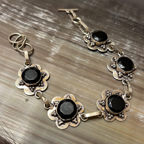 Vintage Stainless 925 Silver Plated Onyx Crystal Bracelet 925 Onyx  Bracelet - Picture 3 of 8